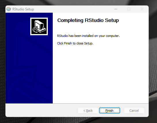 Screenshot of RStudio installer complete screen